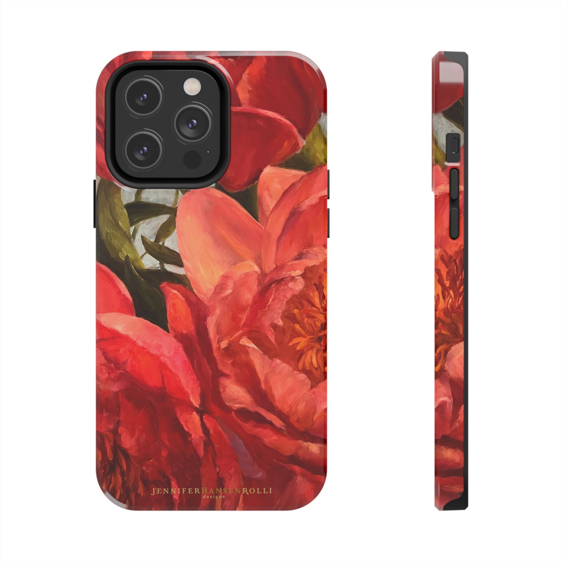 iPhone 14 pro max phone case featuring a red peony painting by artist Jennifer Hansen Rolli.