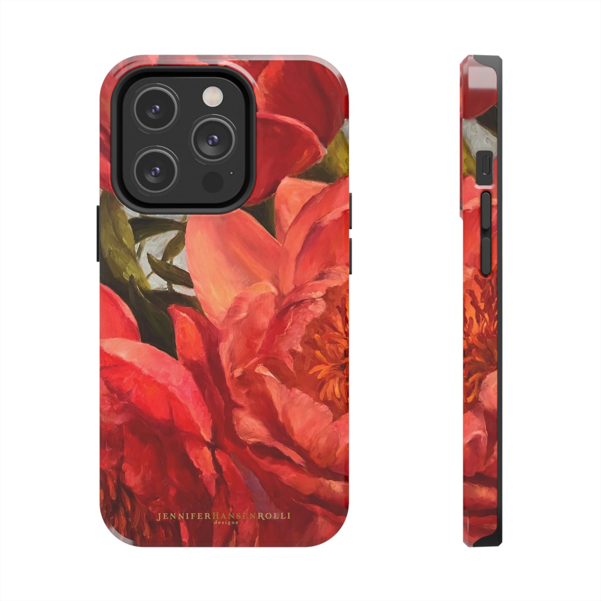 iPhone 14 pro phone case featuring a red peony painting by artist Jennifer Hansen Rolli.