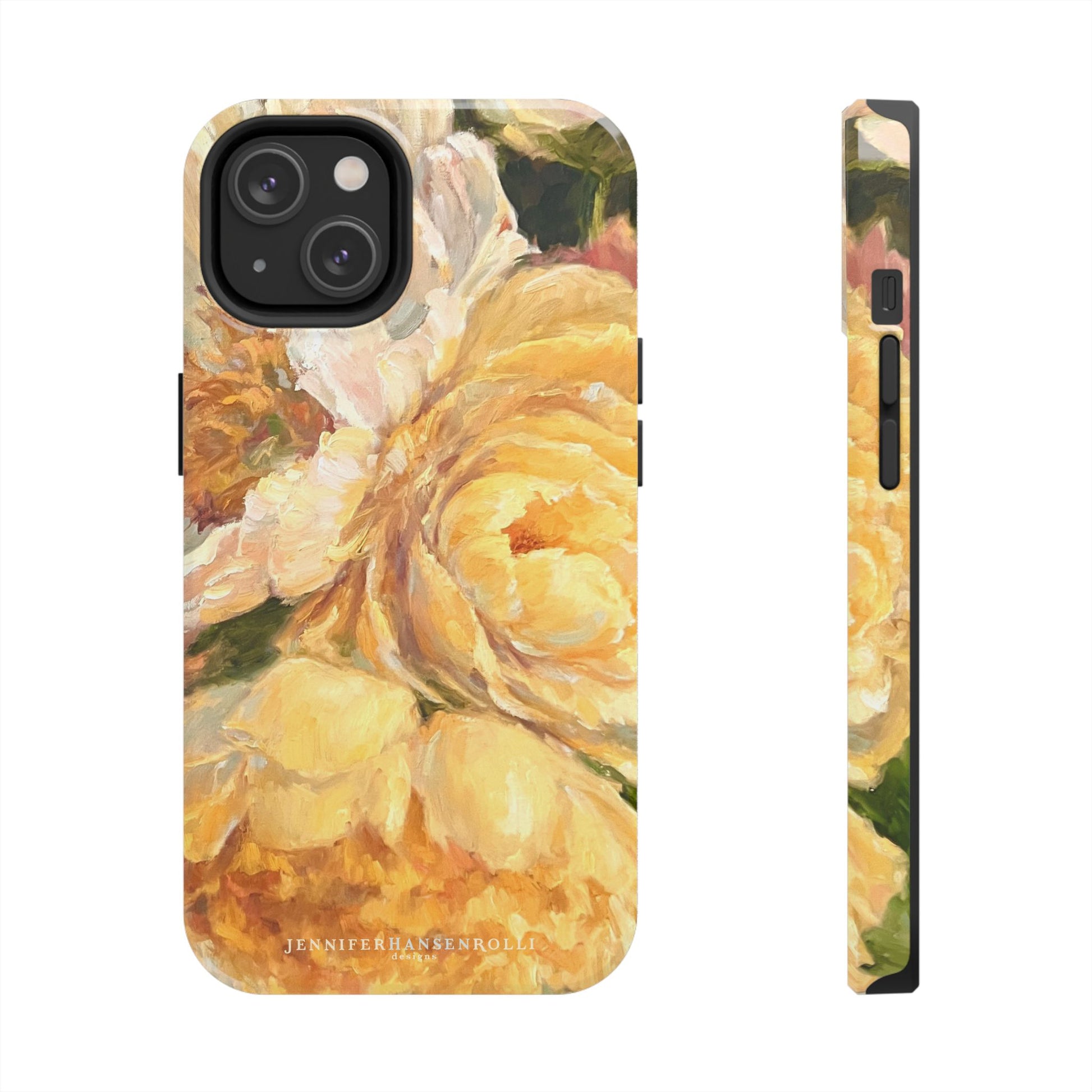 iPhone 14 phone case featuring a yellow peony painting by artist Jennifer Hansen Rolli.
