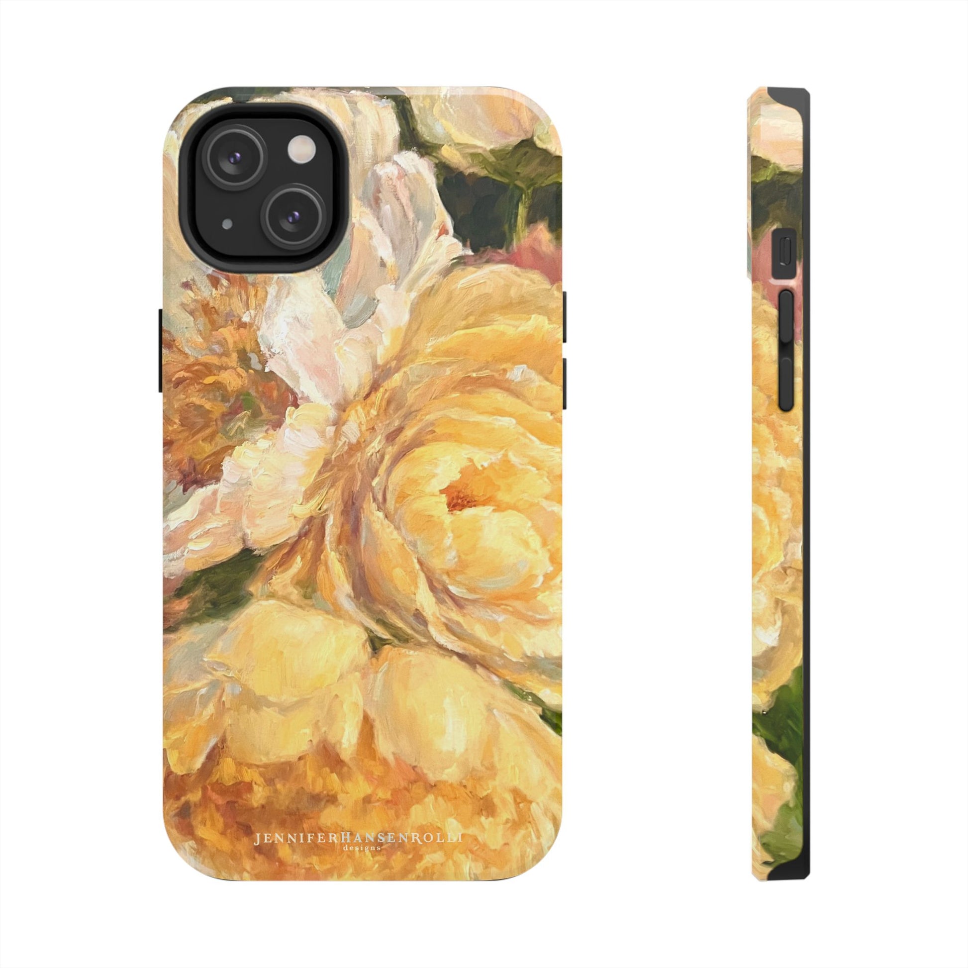 iPhone 14 plus phone case featuring a yellow peony painting by artist Jennifer Hansen Rolli.
