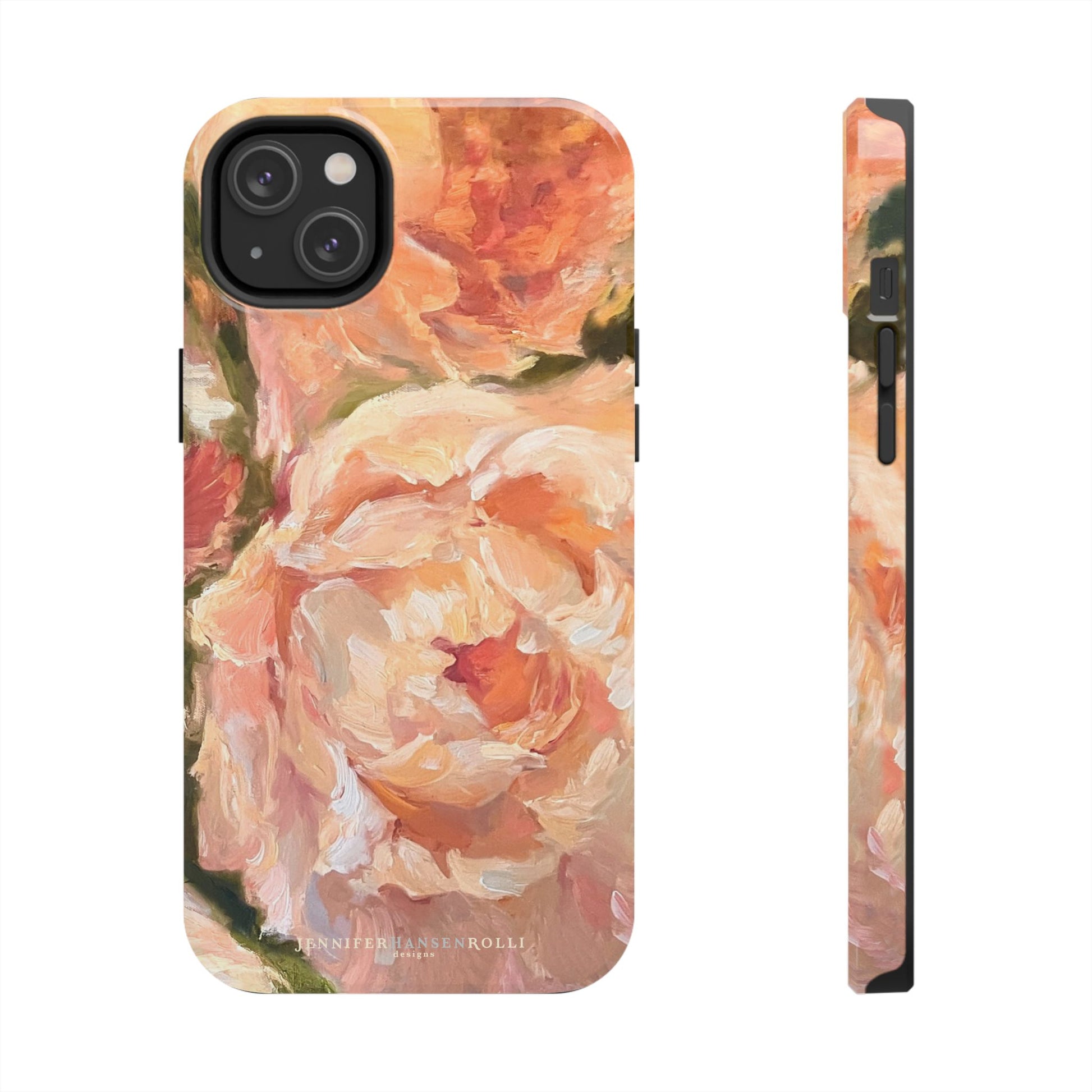 iPhone 14 plus case featuring a pink peony painting by artist Jennifer Hansen Rolli.
