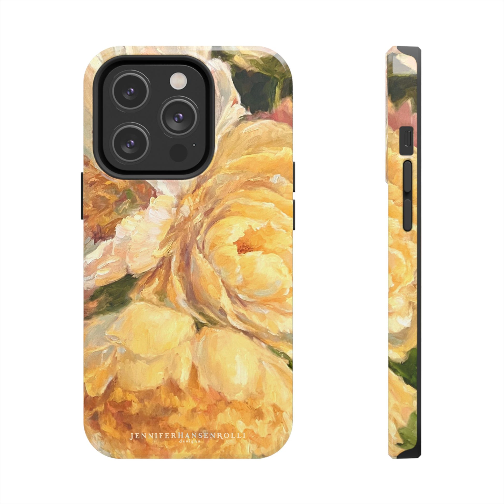 iPhone 14 pro phone case featuring a yellow peony painting by artist Jennifer Hansen Rolli.
