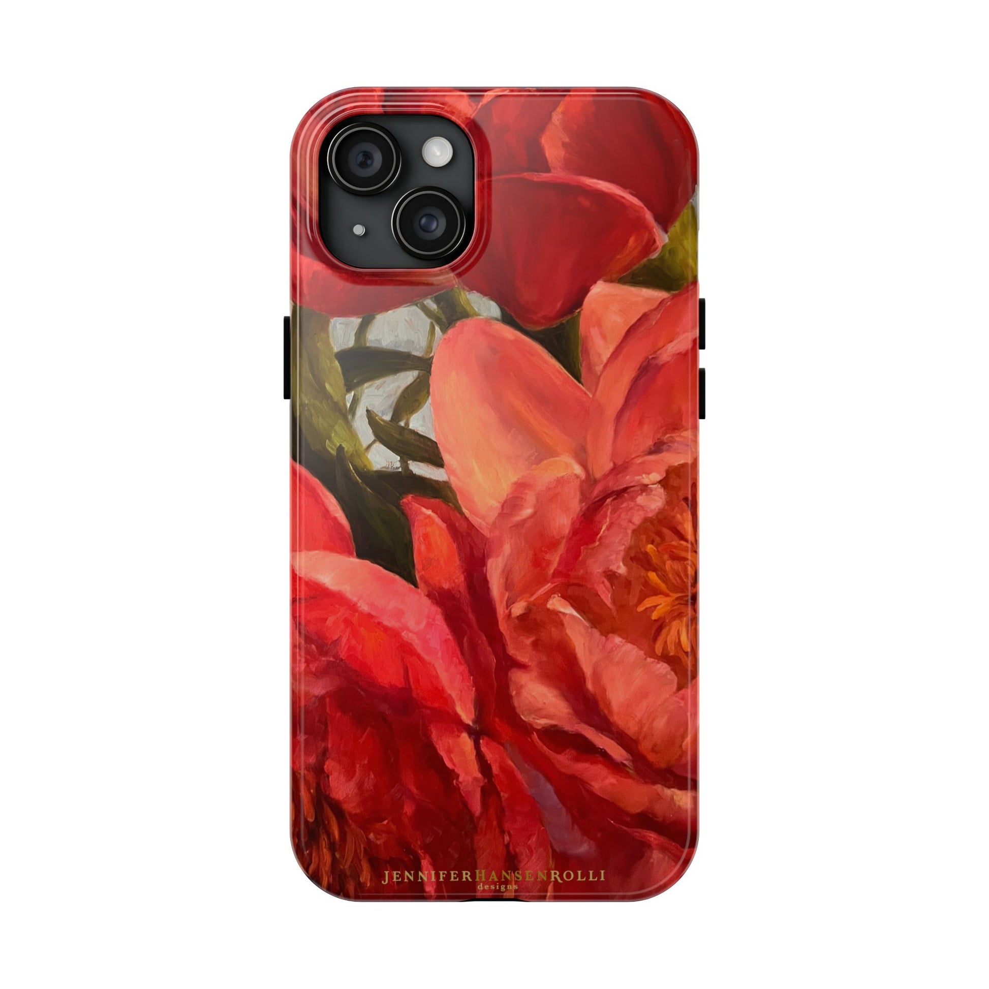 iPhone 15 plus phone case featuring a red peony painting by artist Jennifer Hansen Rolli.
