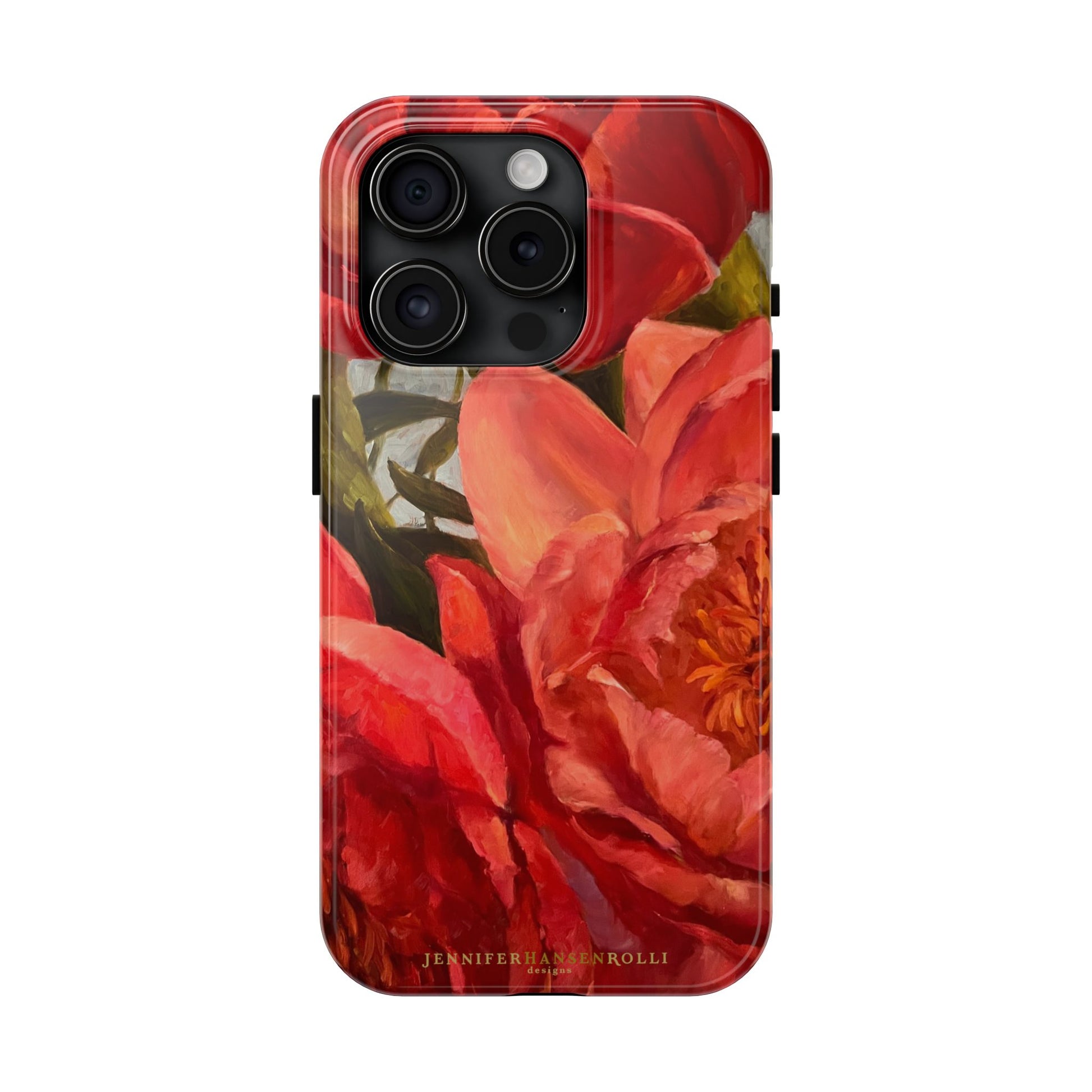 iPhone 15 pro max phone case featuring a red peony painting by artist Jennifer Hansen Rolli.