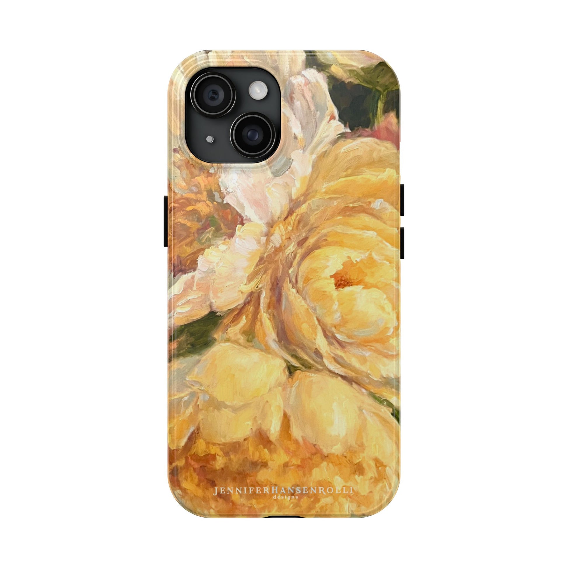 iPhone 15 phone case featuring a yellow peony painting by artist Jennifer Hansen Rolli.
