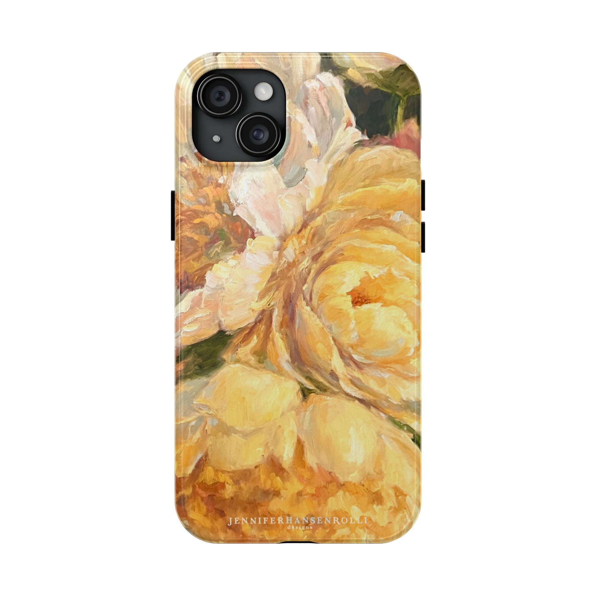 iPhone 15 plus phone case featuring a yellow peony painting by artist Jennifer Hansen Rolli.
