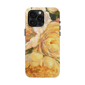 iPhone 15 pro max phone case featuring a yellow peony painting by artist Jennifer Hansen Rolli.
