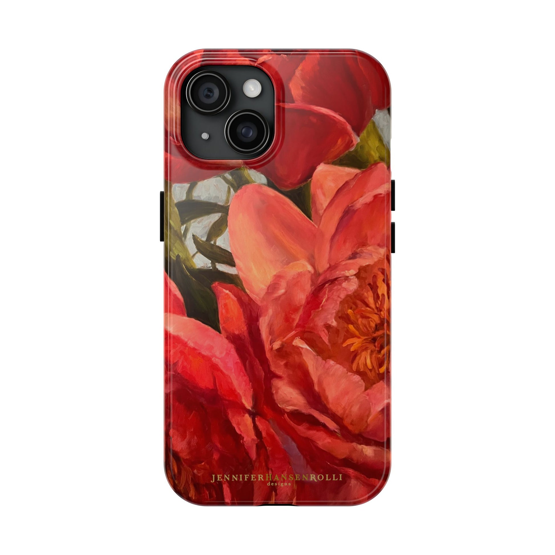 iPhone 15 phone case featuring a red peony painting by artist Jennifer Hansen Rolli.