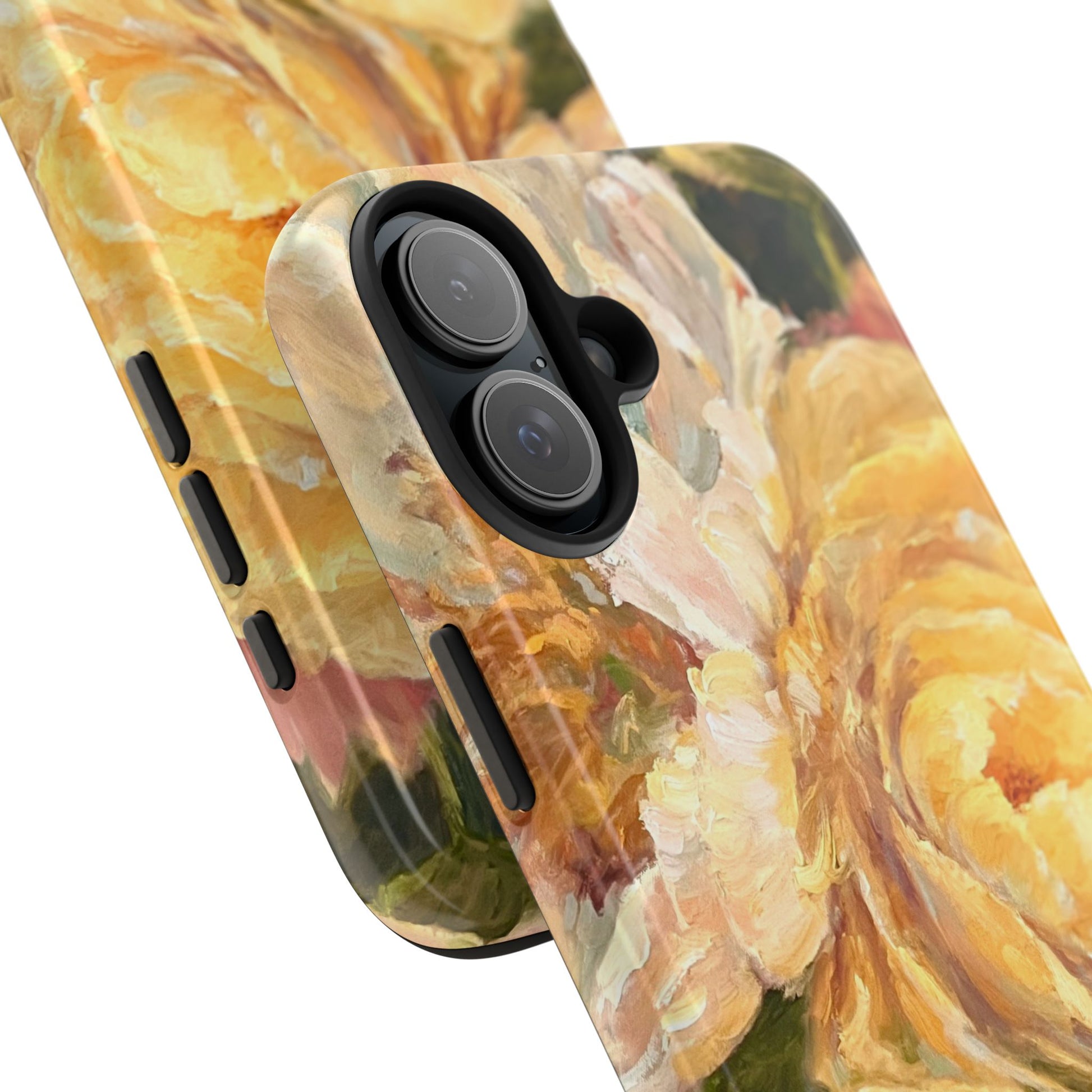 iPhone 16 impact resistant phone case camera details featuring a yellow peony painting by artist Jennifer Hansen Rolli.