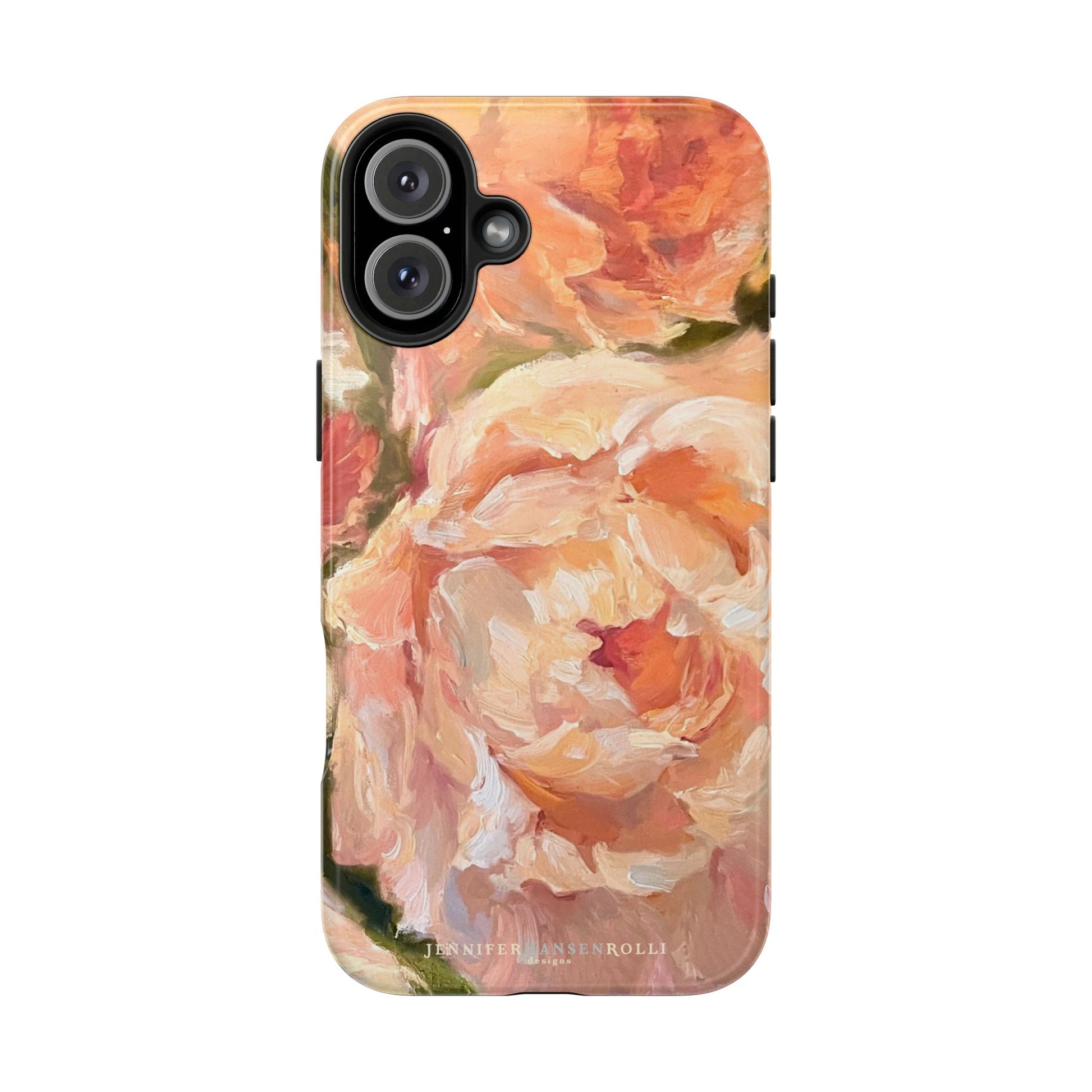 iPhone 16 case featuring a pink peony painting by artist Jennifer Hansen Rolli.