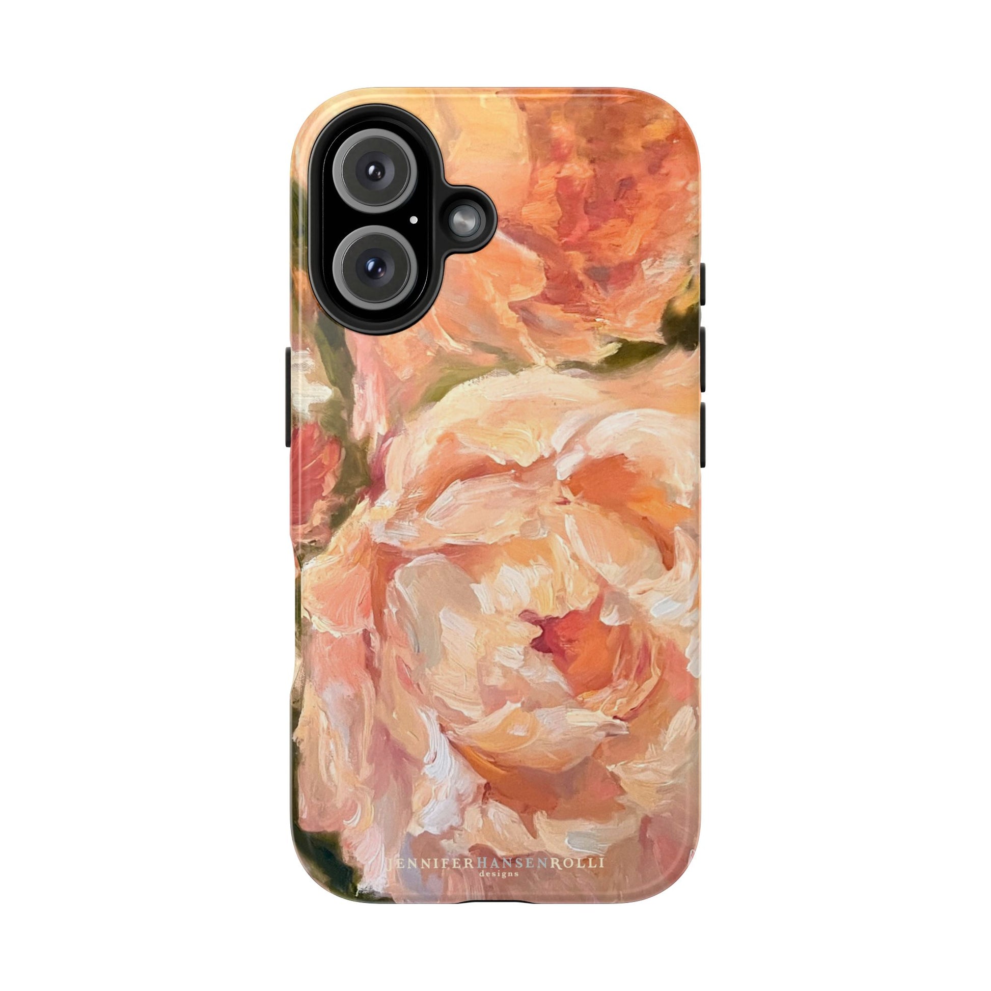 iPhone 16 plus case featuring a pink peony painting by artist Jennifer Hansen Rolli.